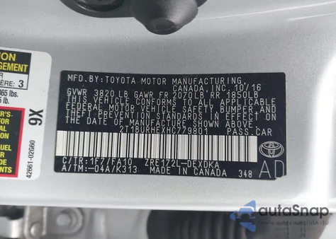 2017 Toyota Corolla L из США, поврежденный, VIN 2T1BURHEXHC779801